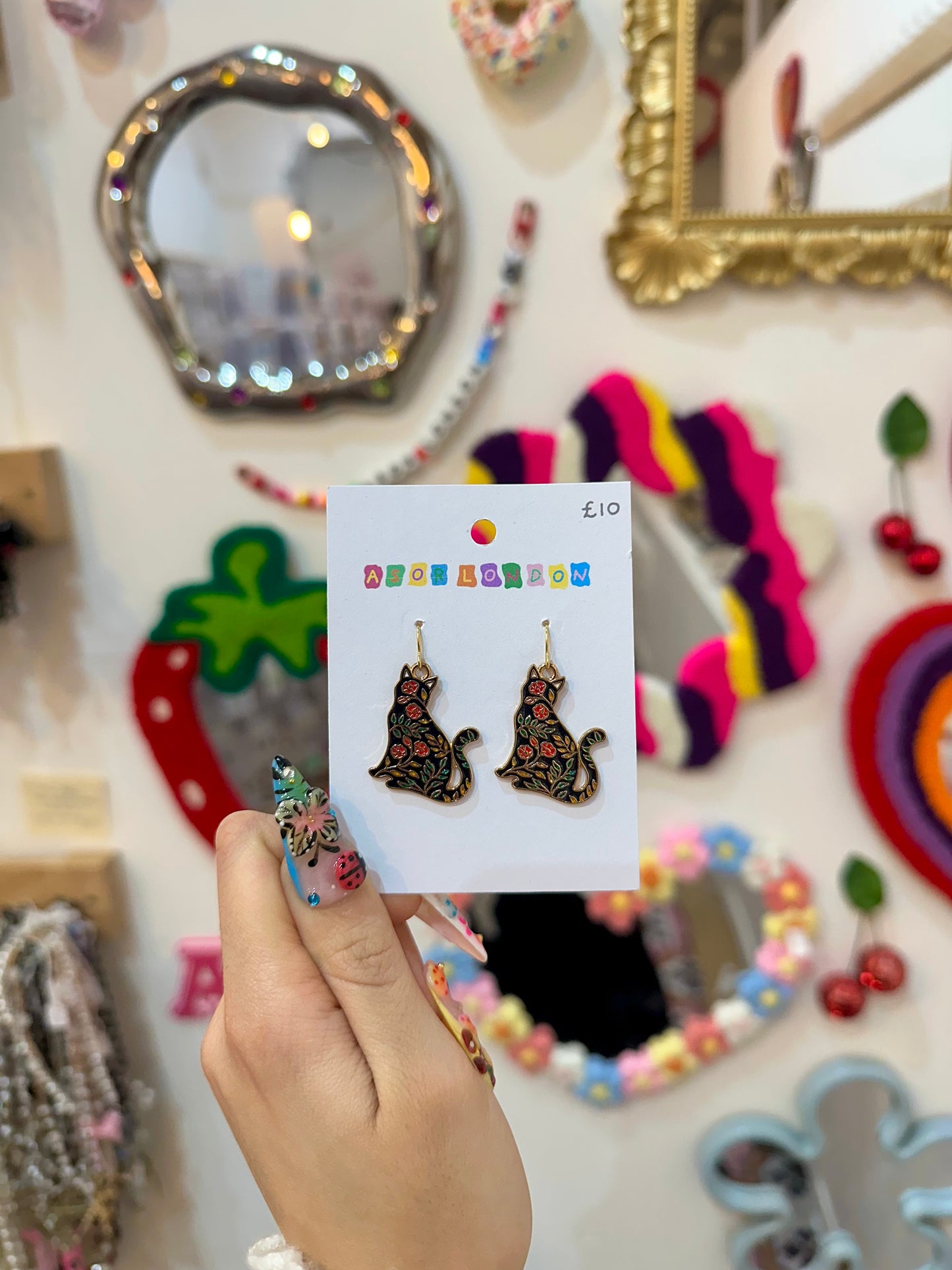 Black Cat Floral Enamel Earrings