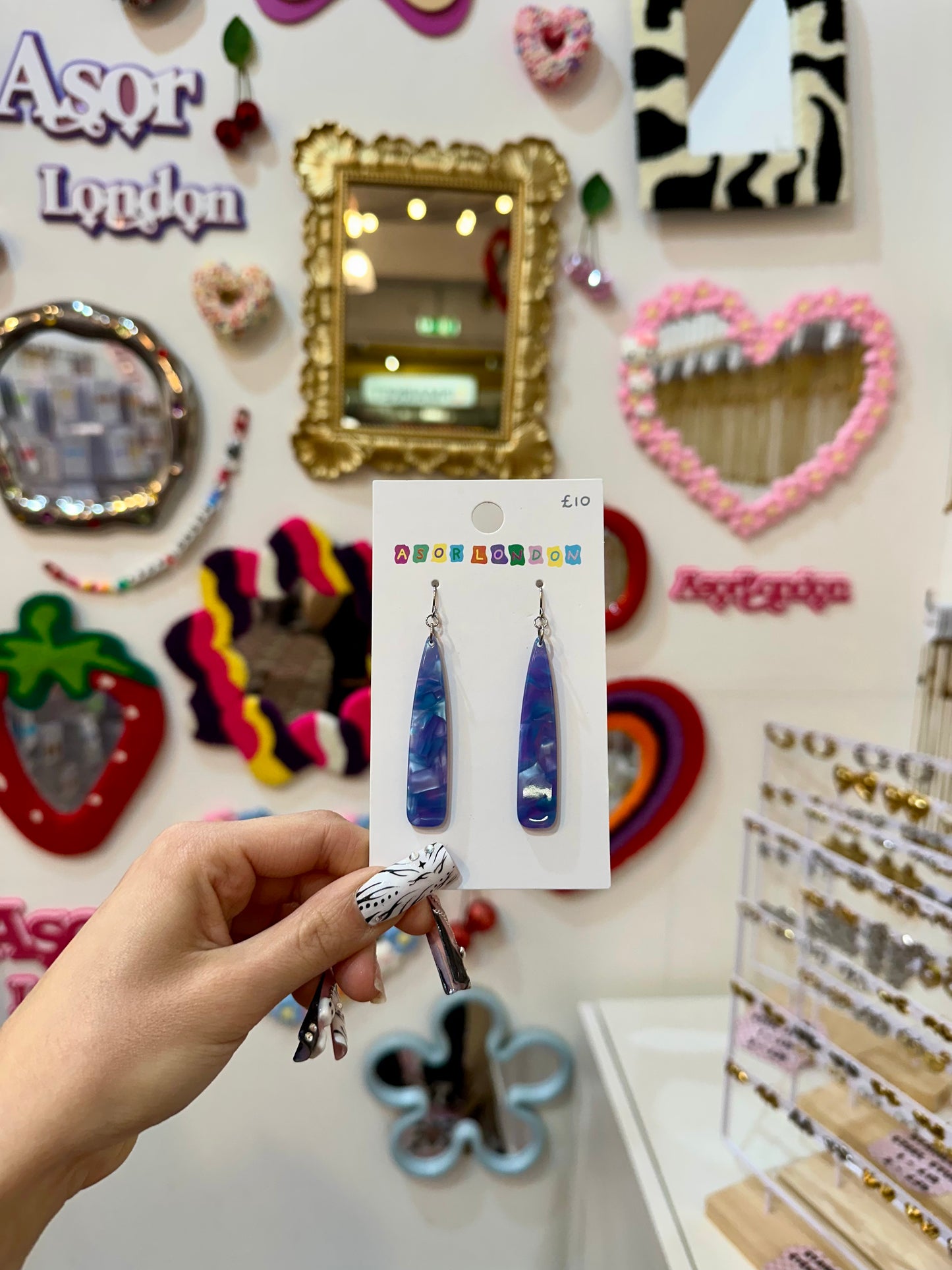 Blue & Purple Marble Acrylic Long Drop Earrings