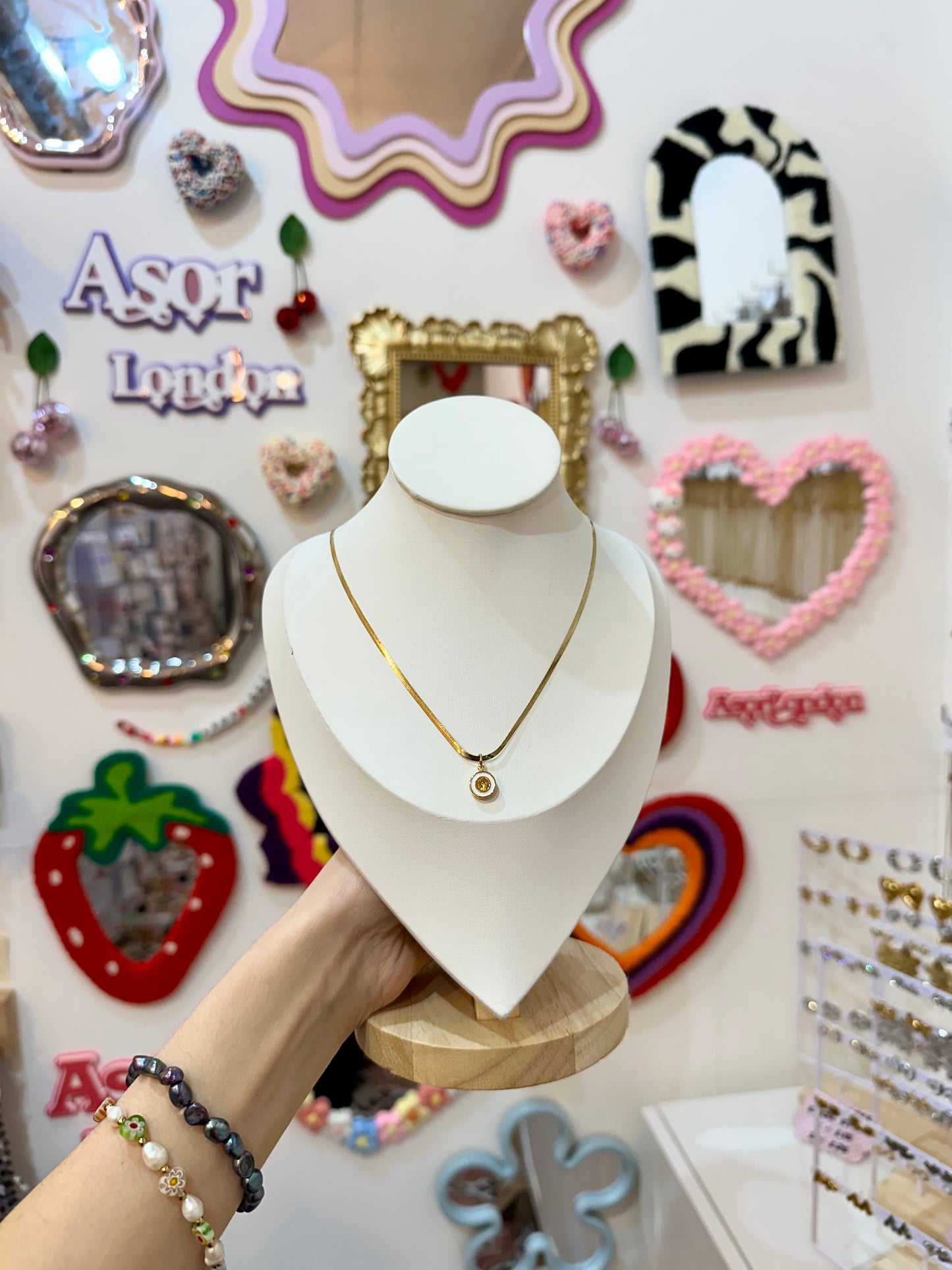 Yellow Circular Stone Gold Stainless Steel Pendant Necklace