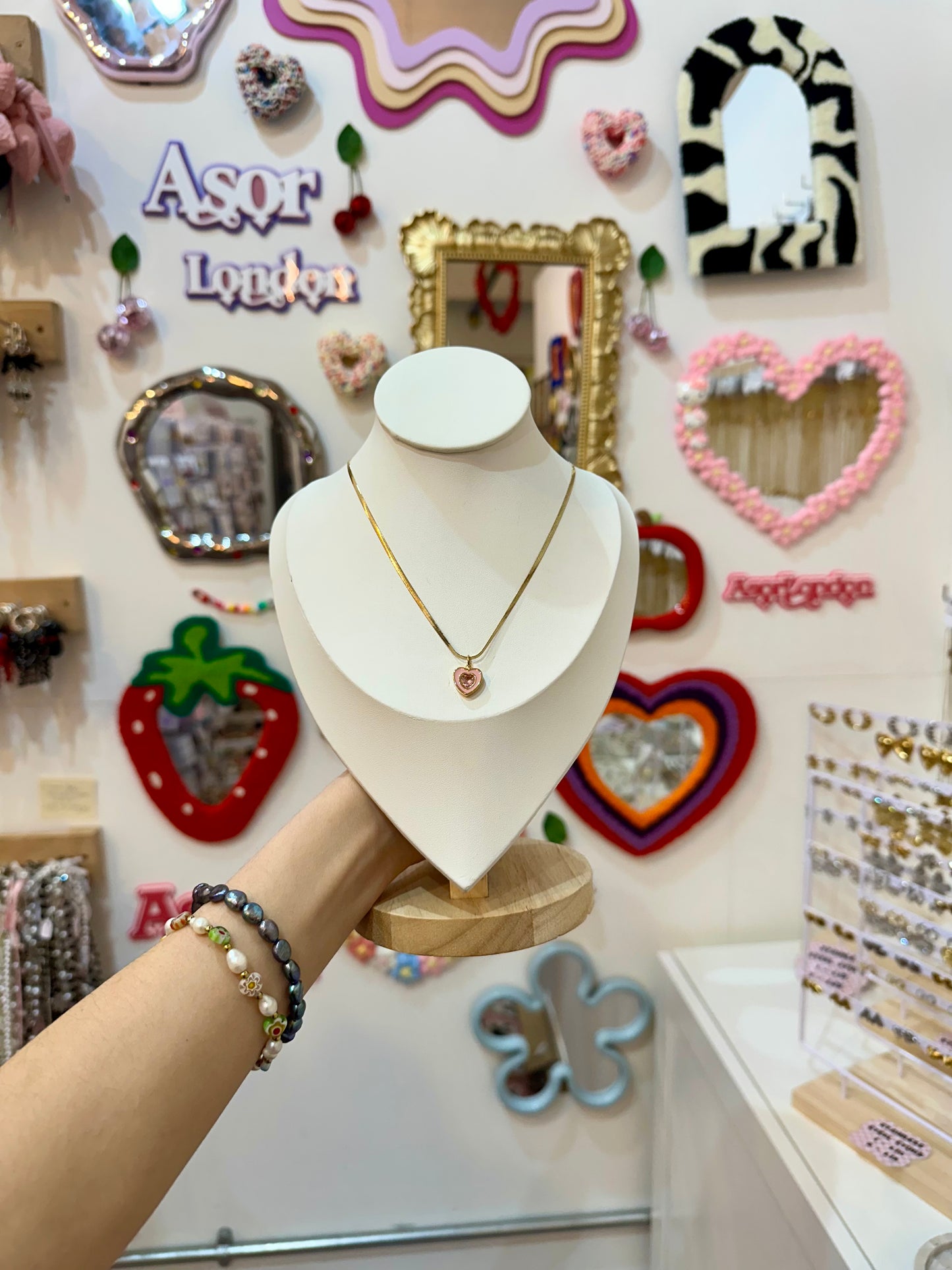 Light Pink Heart Stone Gold Stainless Steel Pendant Necklace