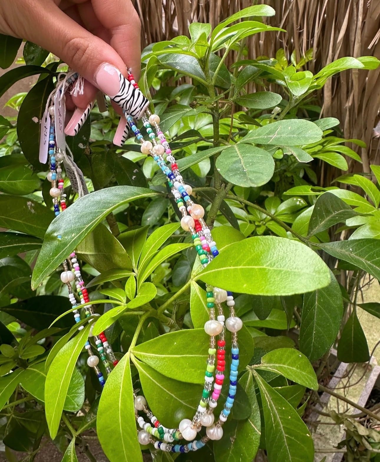 Pink and red, green or blue seed bead and freshwater pearl necklace