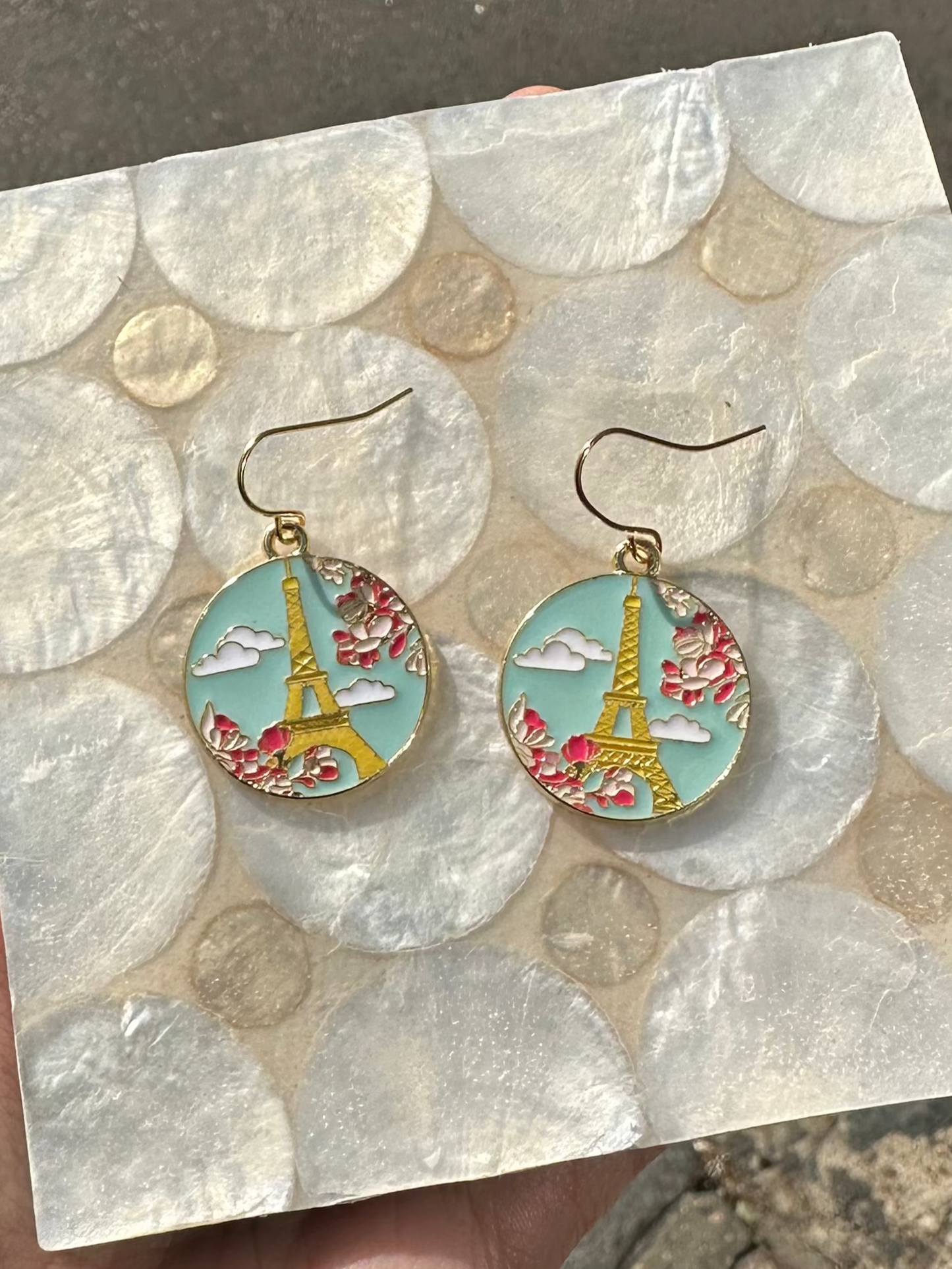 Paris Eiffel Tower With Pink Cherry Blossom Circle Enamel Earrings