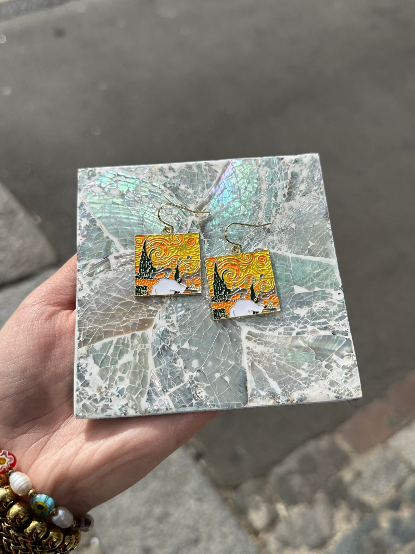 Yellow Starry Night Inspired Painting Enamel Earrings