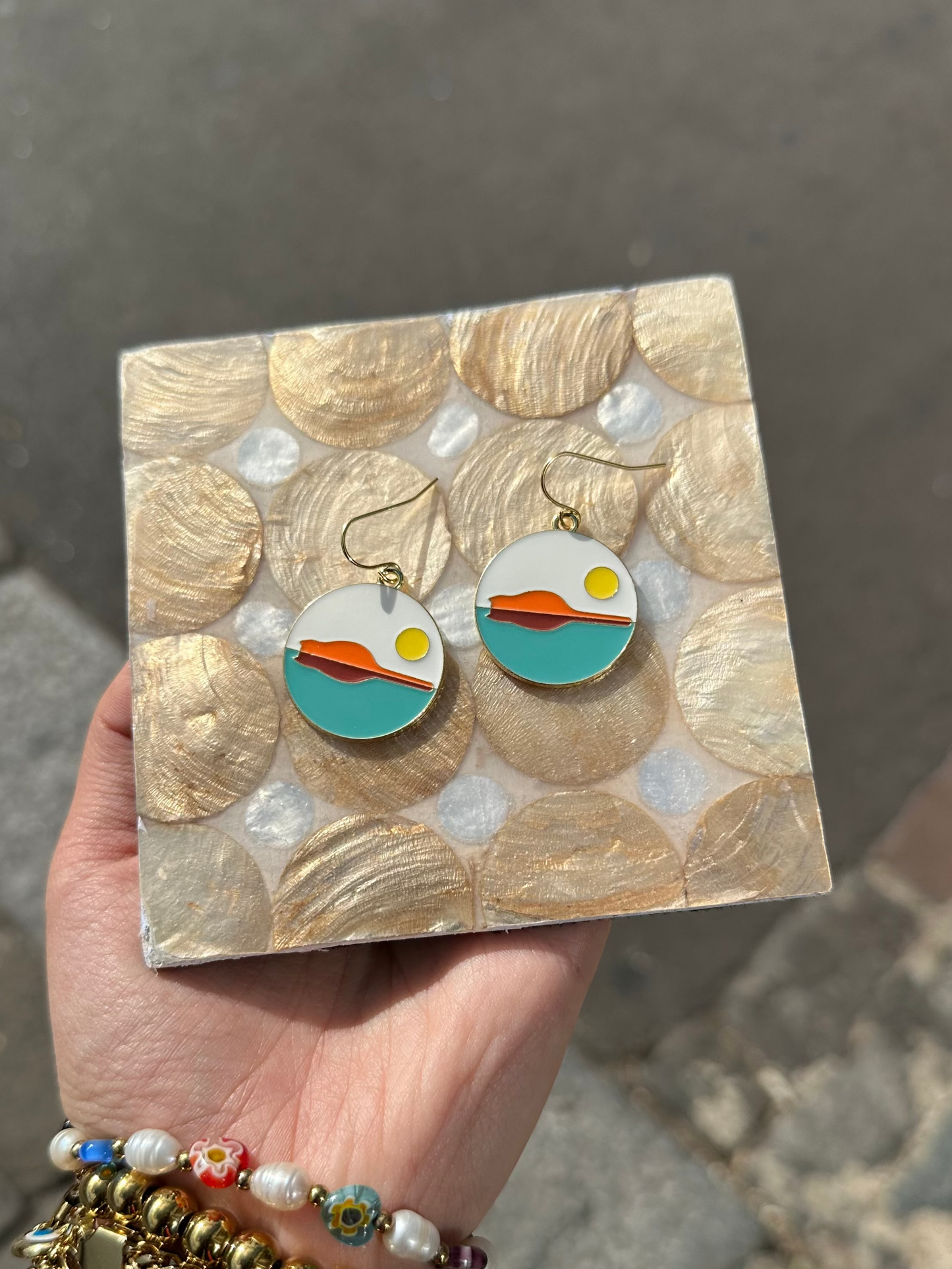 Cat In Blue And White Scenery Circle Enamel Earrings