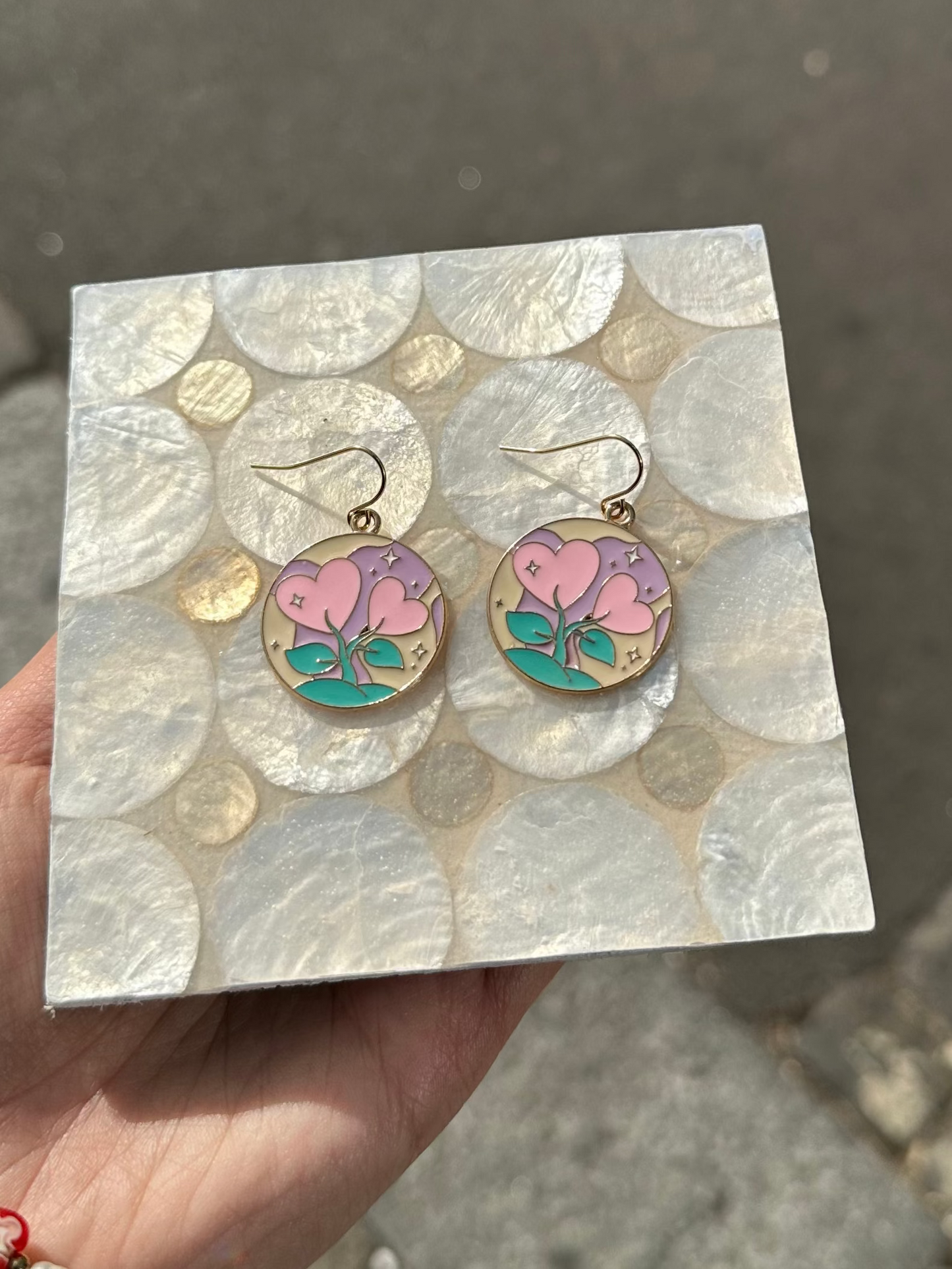 Pink Heart Flower Circle Enamel Earrings