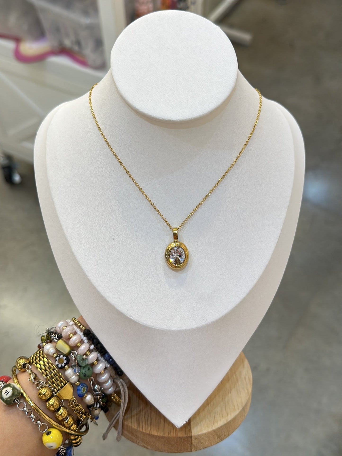 Oval Clear Gold Stainless Steel Pendant Necklace