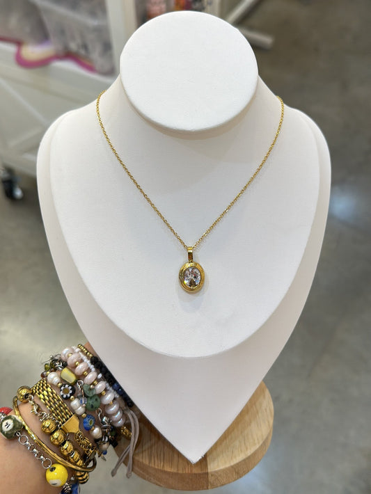 Oval Clear Gold Stainless Steel Pendant Necklace