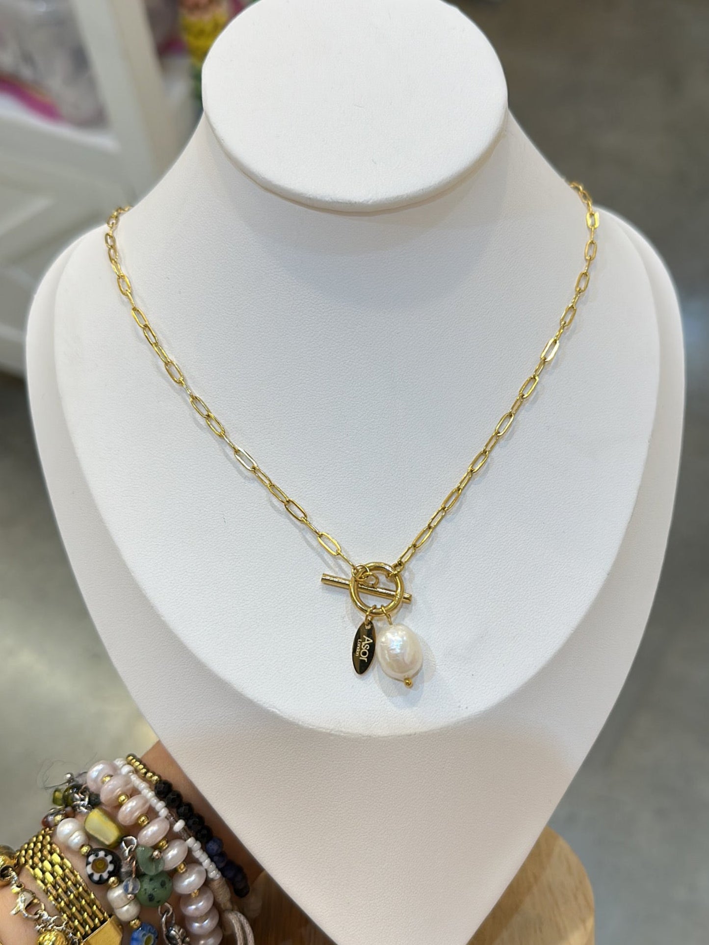 Freshwater Pearl And Logo Stainless Steel Necklace