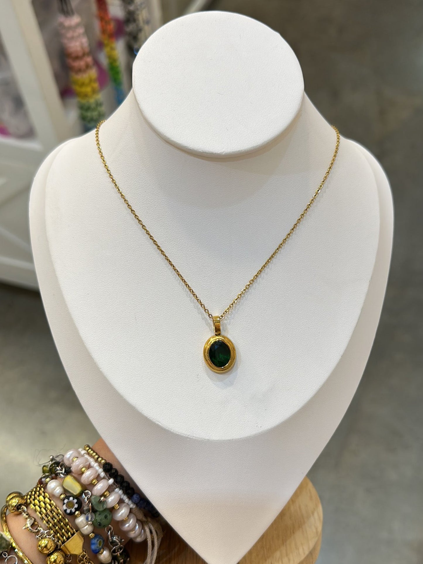 Oval Green Gold Stainless Steel Pendant Necklace