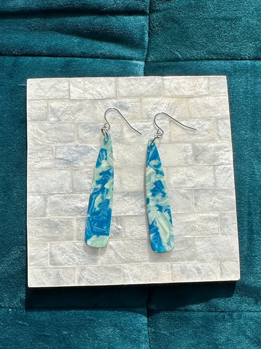 Light And Dark Blue Swirly Acrylic Long Drop Earrings