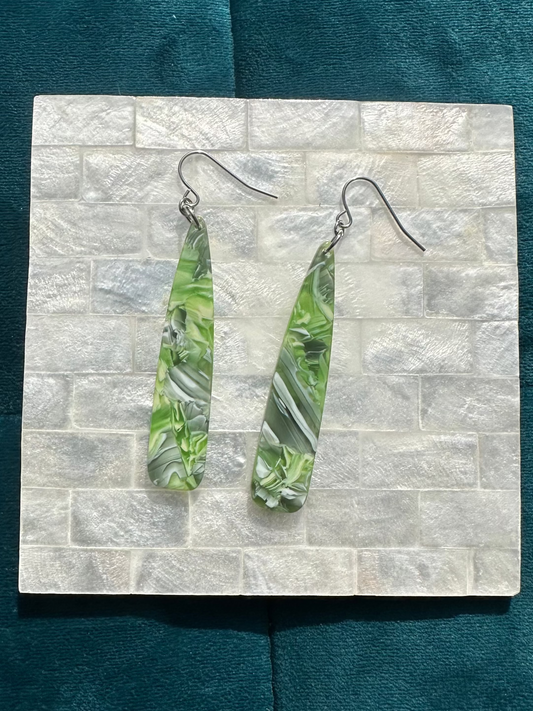 Mixed Green Swirly Acrylic Long Drop Earrings