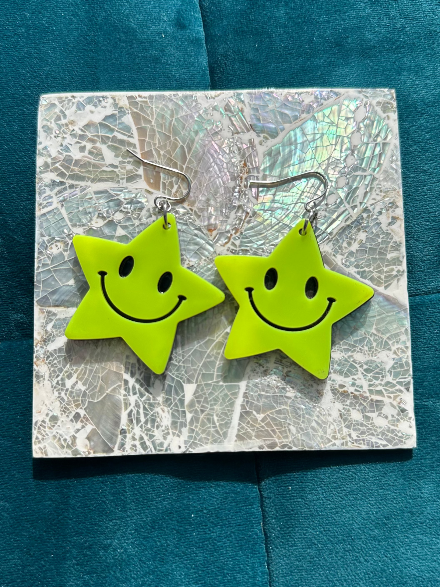 Green Smiling Large Acrylic Star Earrings