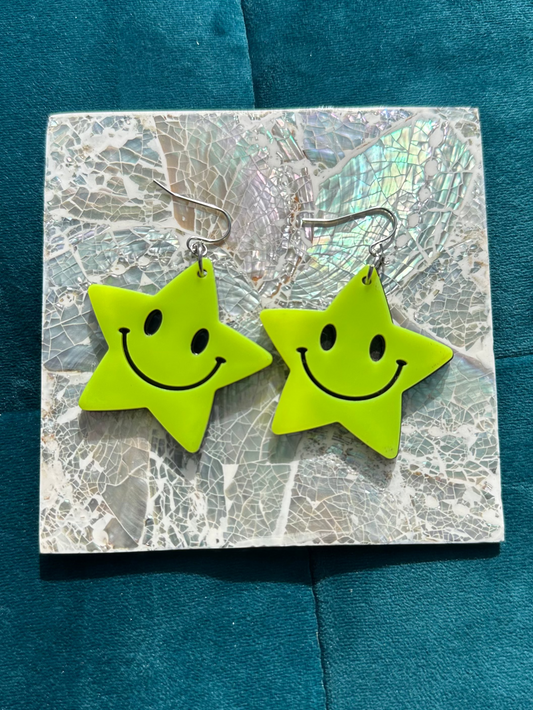 Green Smiling Large Acrylic Star Earrings