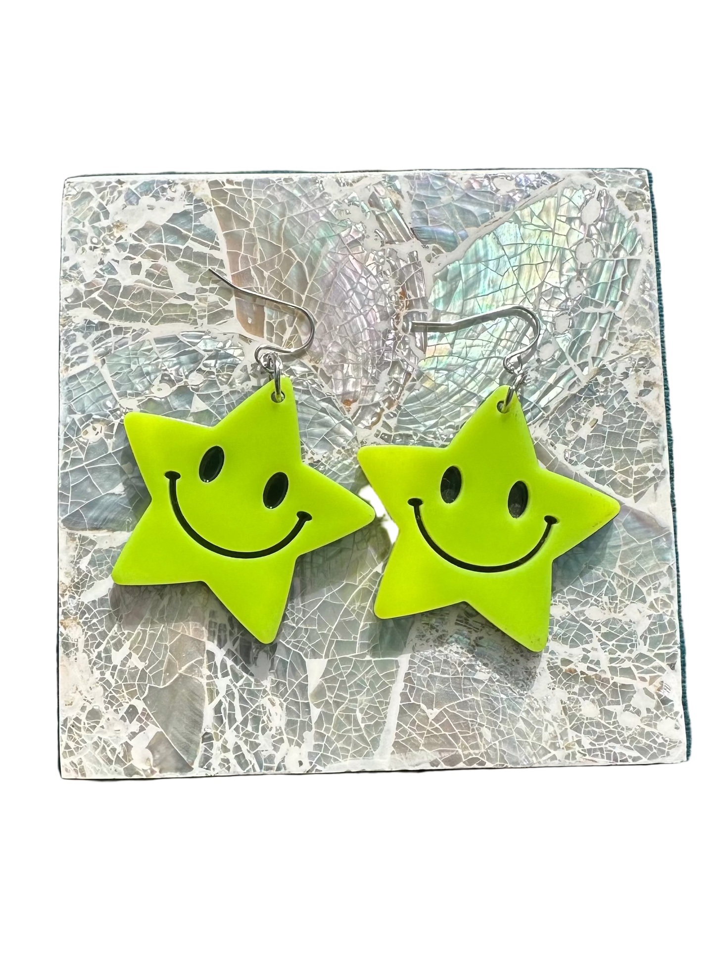 Green Smiling Large Acrylic Star Earrings