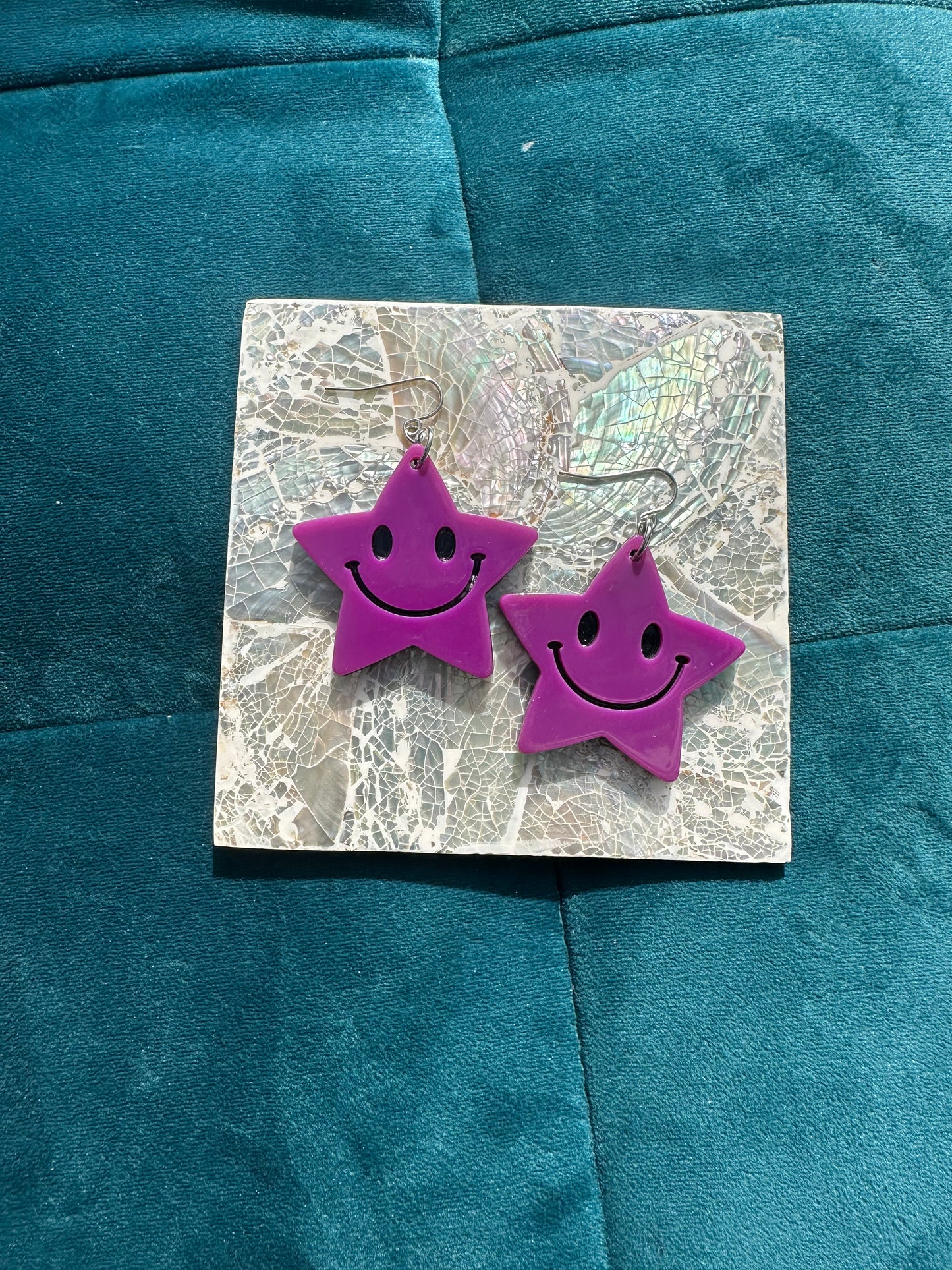 Purple Smiling Large Acrylic Star Earrings.