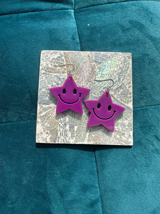 Purple Smiling Large Acrylic Star Earrings.