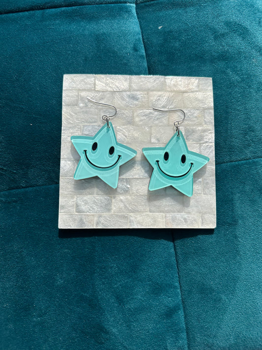 Blue Smiling Large Acrylic Star Earrings