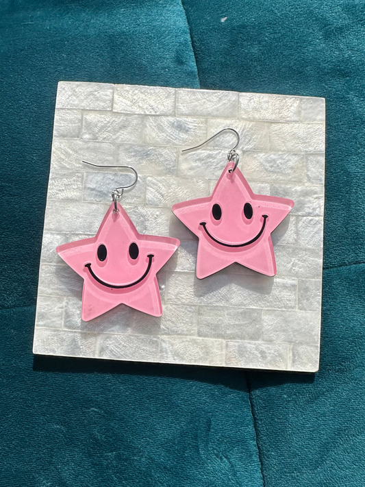 Light Pink Smiling Large Acrylic Star Earrings