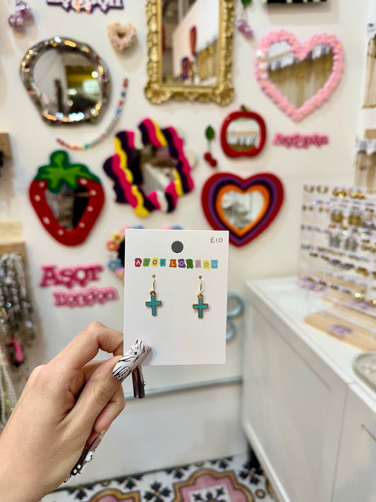 Turquoise Cross Enamel Earrings