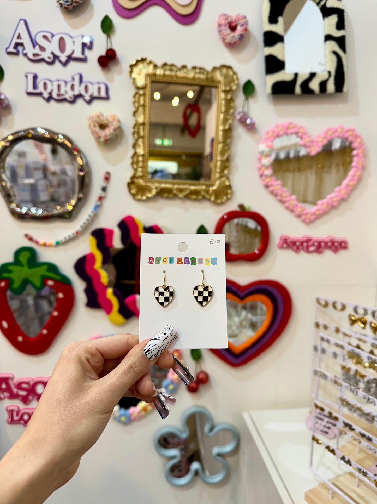 Black & White Checkerboard Heart Enamel Earrings