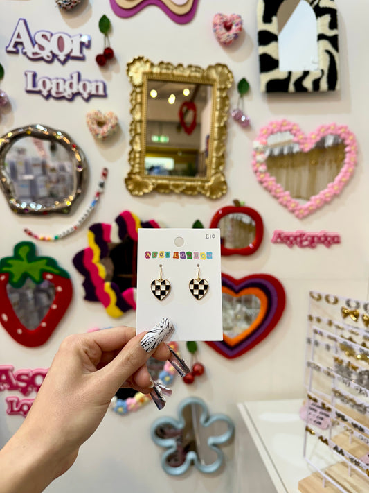 Black & White Checkerboard Heart Enamel Earrings