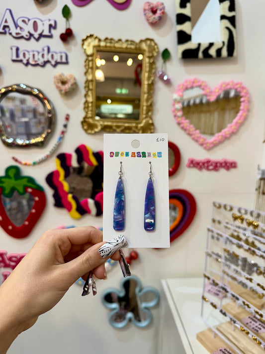 Blue & Purple Marble Acrylic Long Drop Earrings