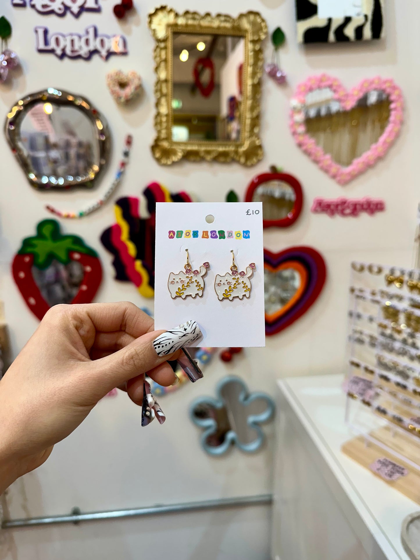 Floral White Cat Enamel Earrings