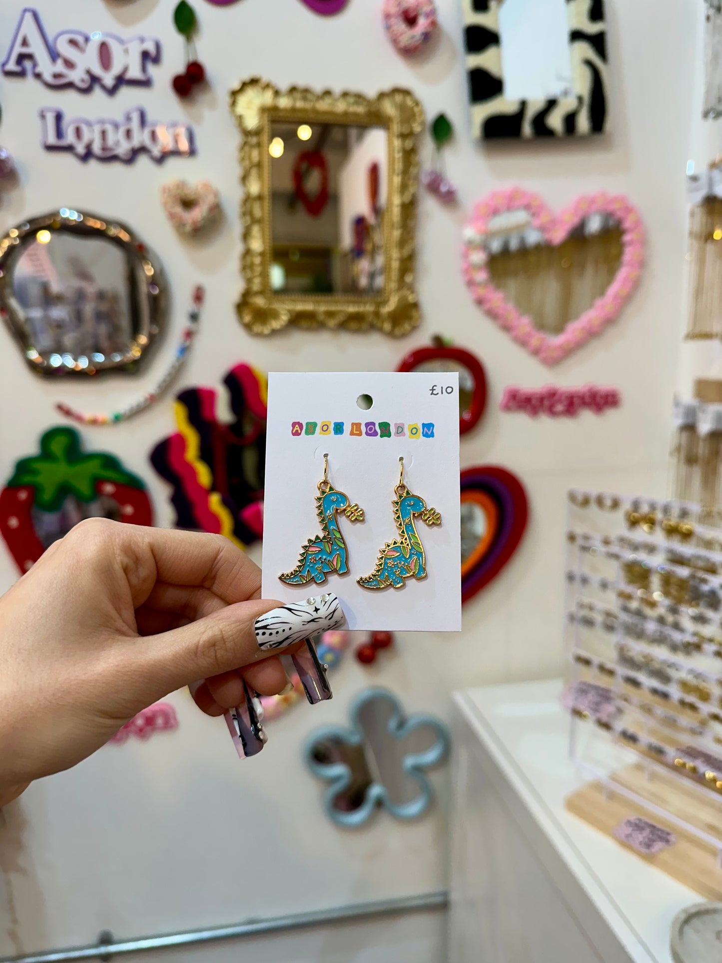 Blue Floral Dinosaur Enamel Earrings