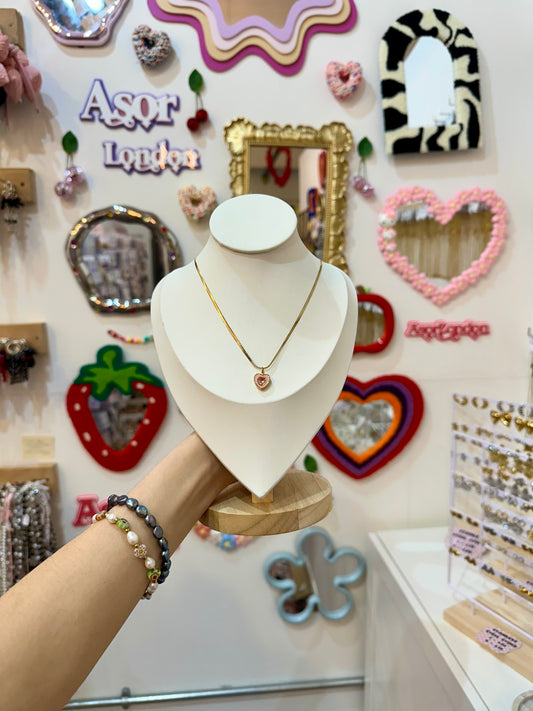 Light Pink Heart Stone Gold Stainless Steel Pendant Necklace
