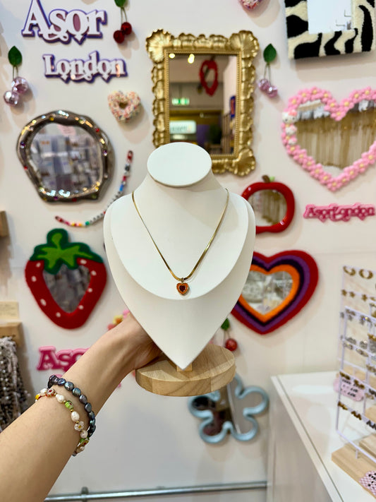 Orange Heart Stone Gold Stainless Steel Pendant Necklace
