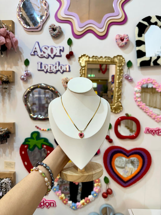 Hot Pink Heart Stone Gold Stainless Steel Pendant Necklace