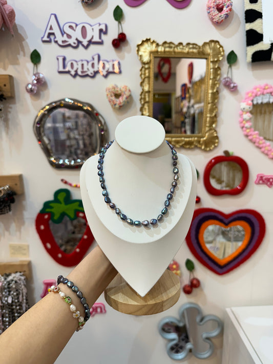 Dark Blue Irregular Freshwater Pearl Hand-Knotted Necklace