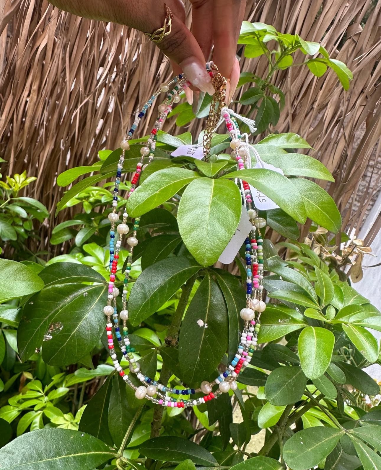 Pink and red, green or blue seed bead and freshwater pearl necklace