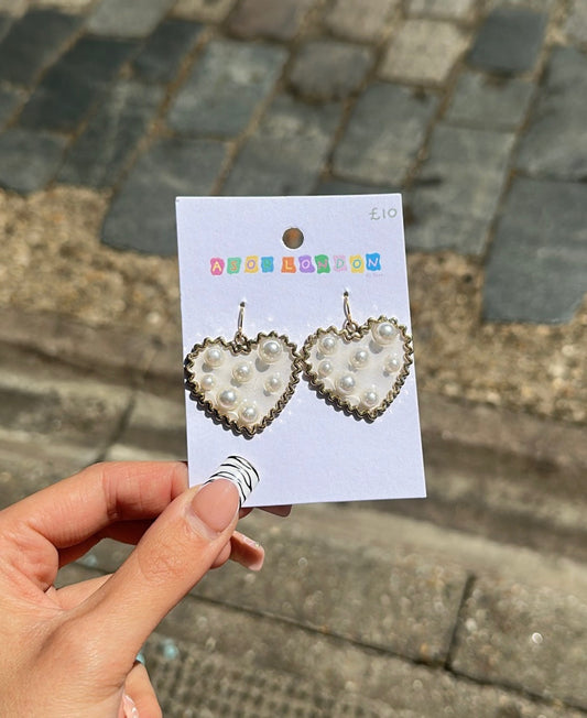 Gold, Clear and Faux Pearl Heart Earrings