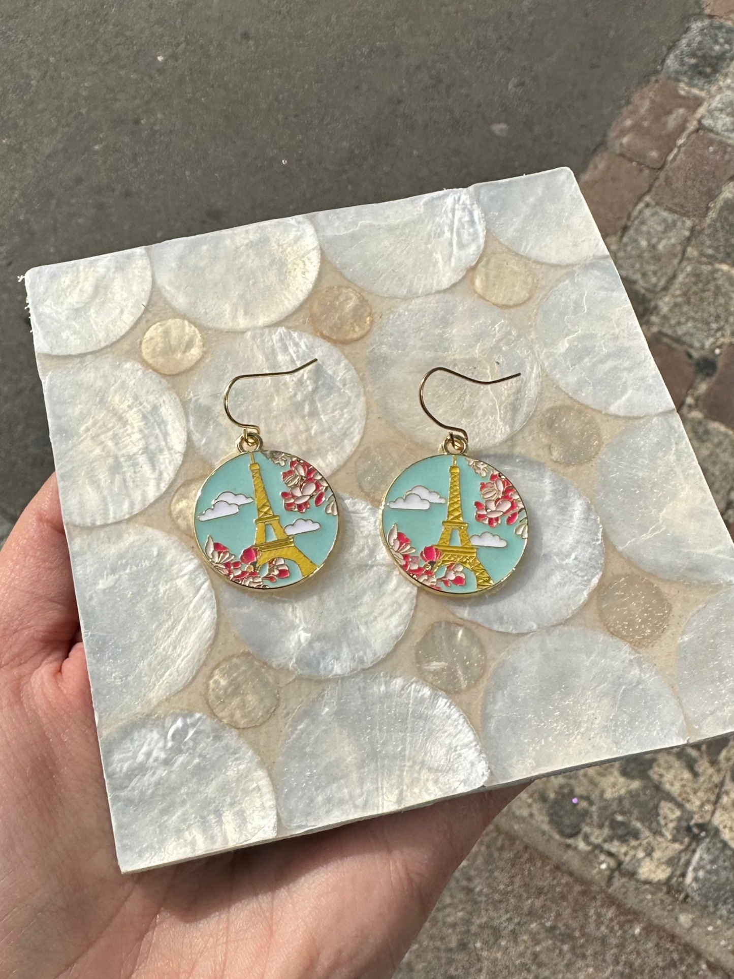 Paris Eiffel Tower With Pink Cherry Blossom Circle Enamel Earrings