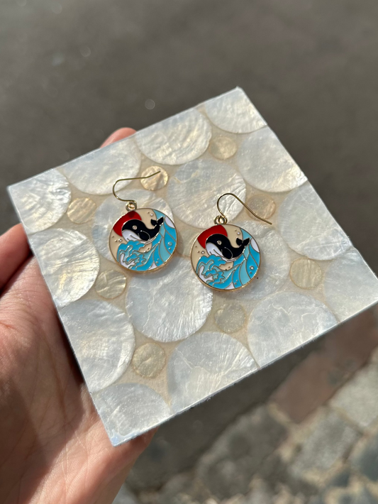 Cartoon Whale And Waves Circle Enamel Earrings