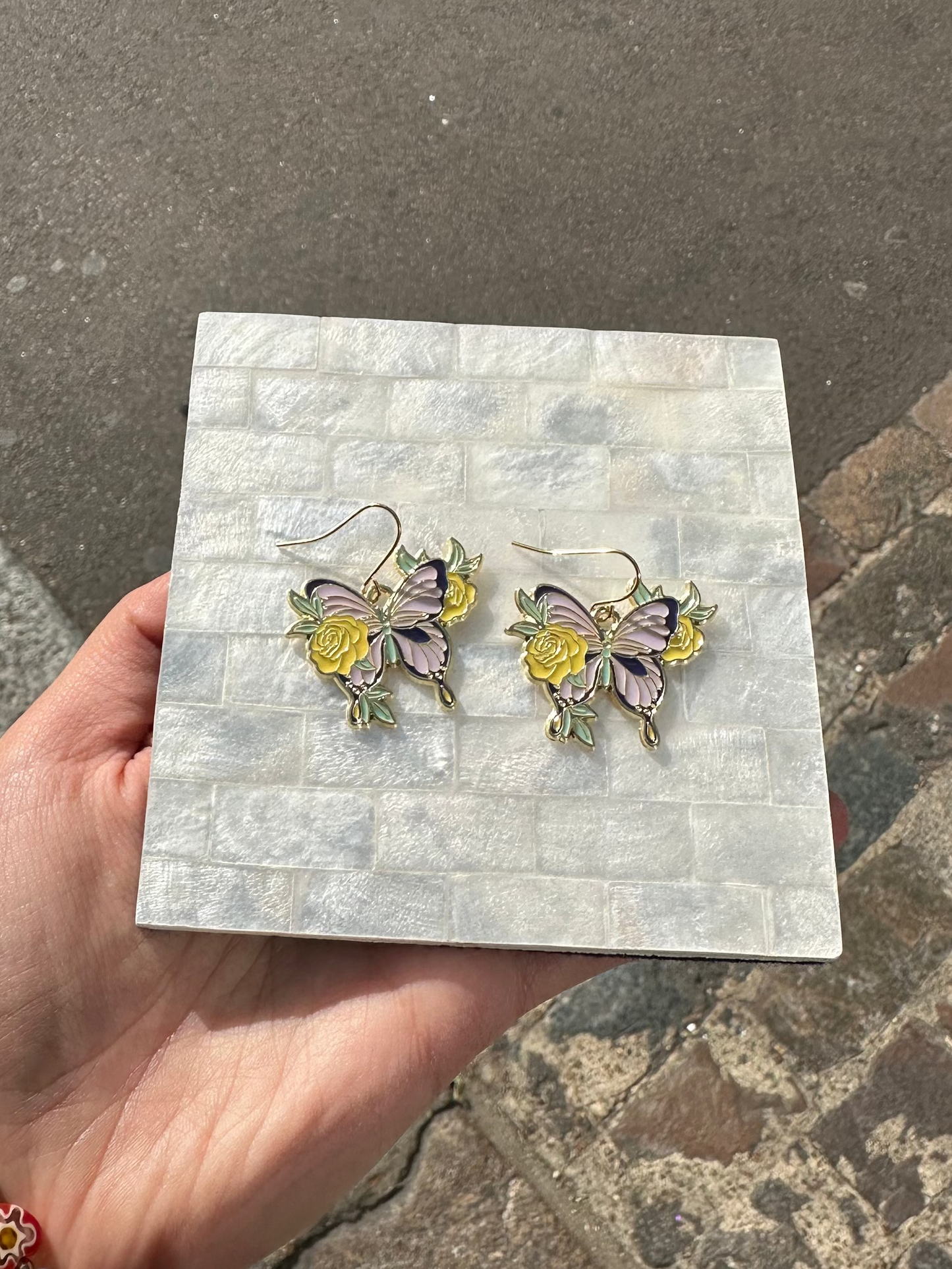 Yellow Rose And Purple Butterfly Enamel Earrings