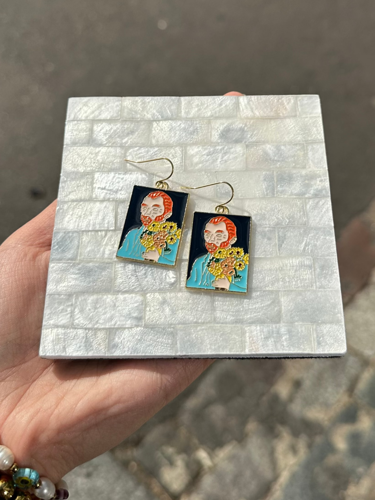 Van Gogh Inspired Sunflower Painting Enamel Earrings
