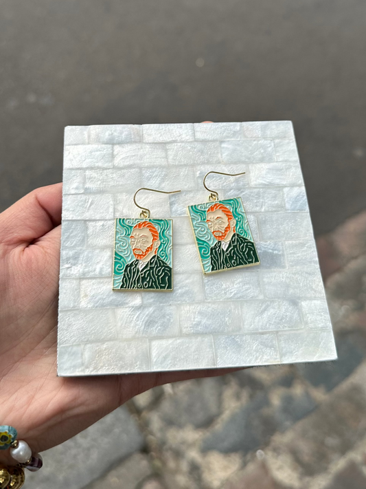Green Van Gogh Inspired Painting Enamel Earrings