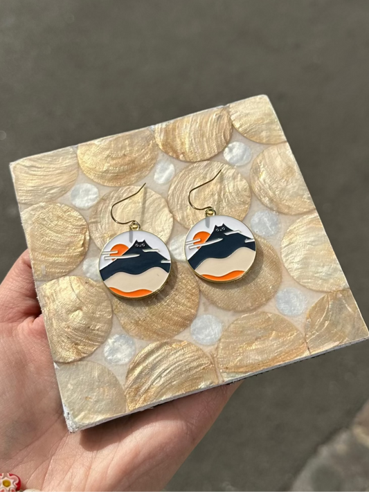 Cat Mountain Circle Enamel Earrings
