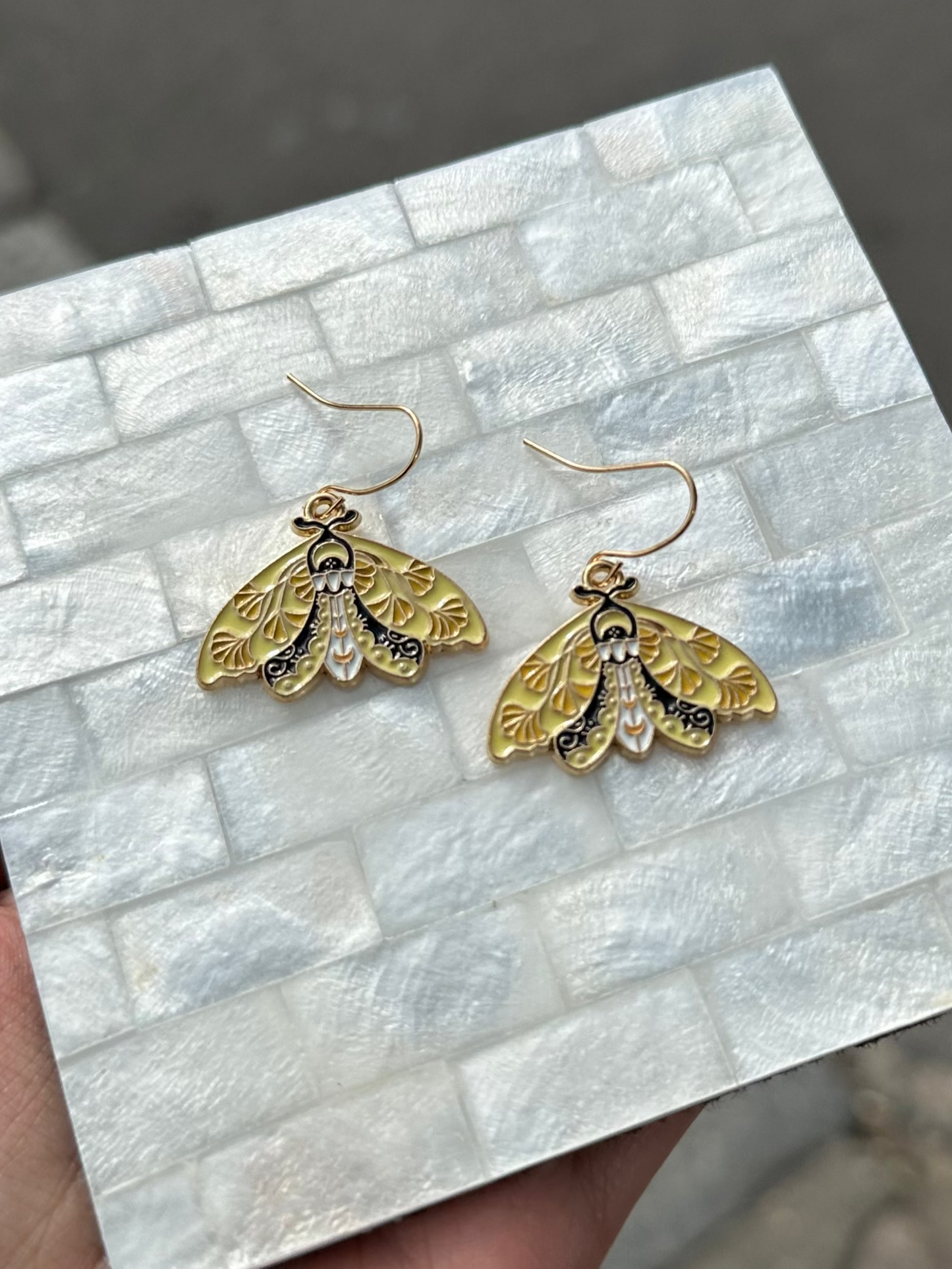 Yellow Insect Moth Enamel Earrings