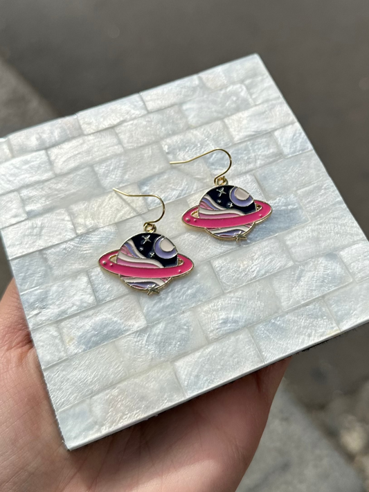Pink And Purple Girly Starry Planet Enamel Earrings
