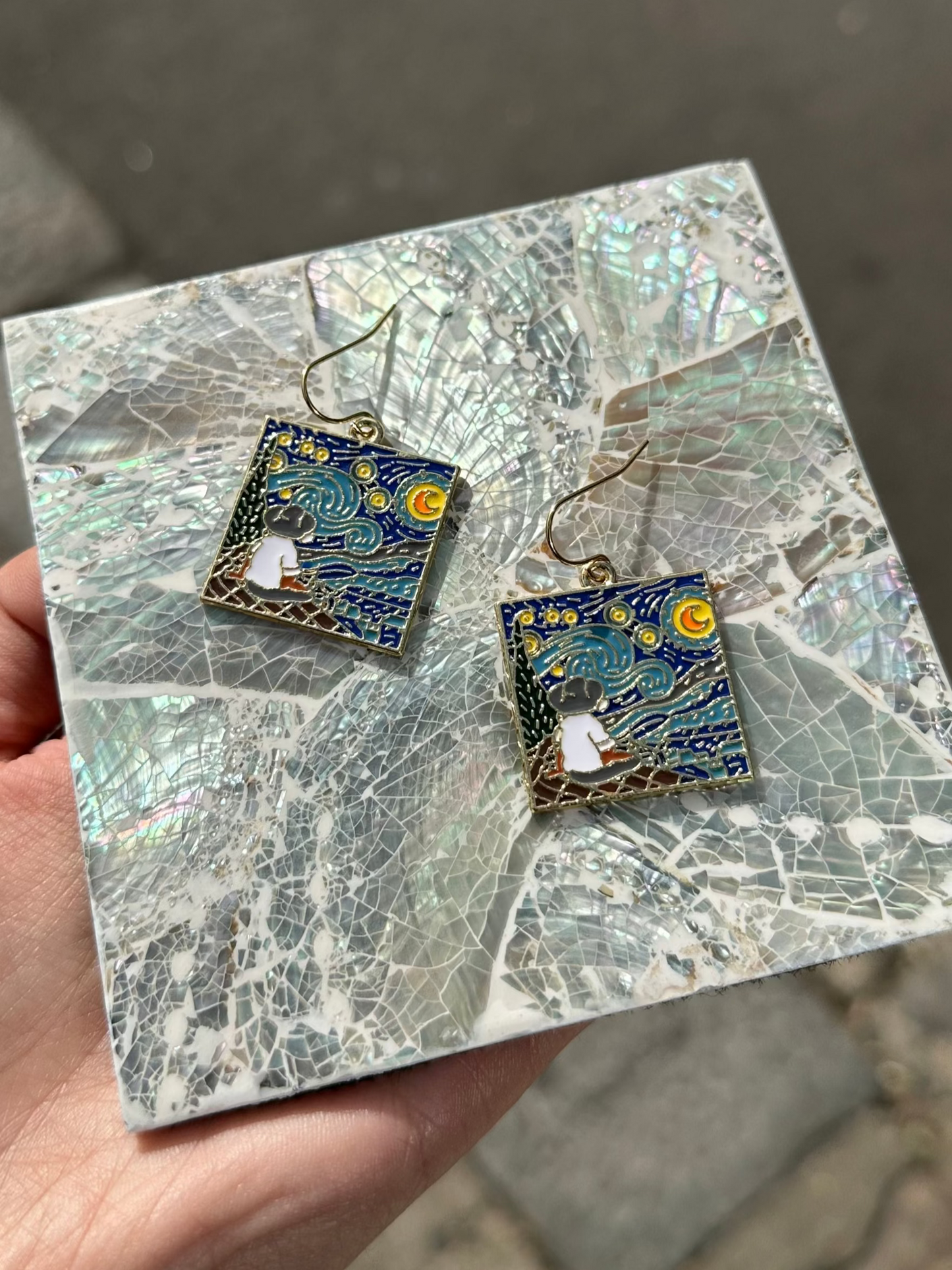 Blue Starry Night Inspired Painting Enamel Earrings