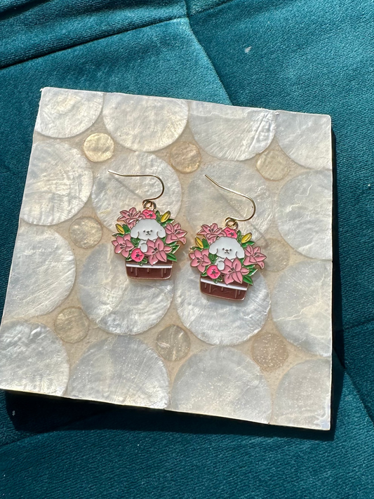 Bichon Dog With Pink Flowers Enamel Earrings