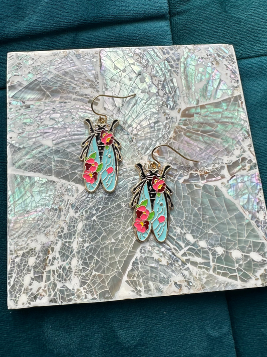 Cicada / Beetle / Fly Floral Insect Enamel Earrings