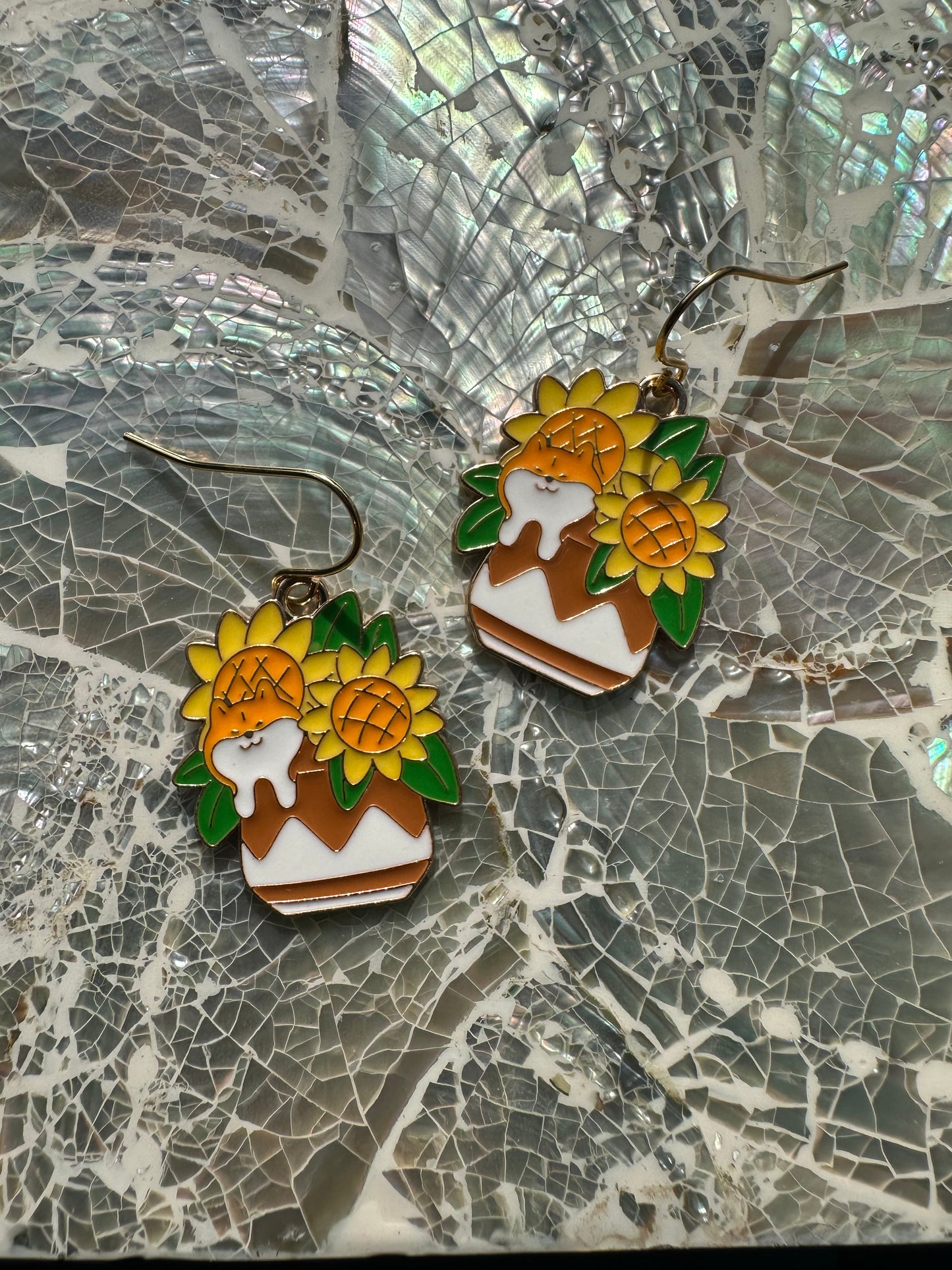 Shiba Inu / Corgi Dog Sunflower Enamel Earrings