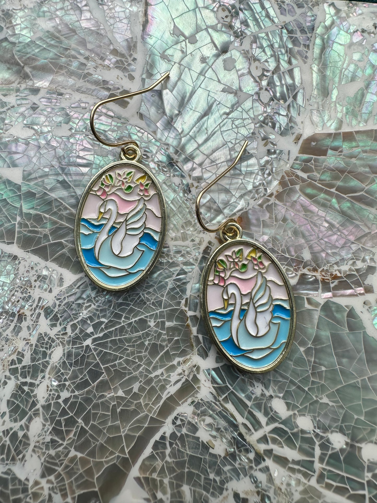 Pink And Blue Scenic Swan Oval Enamel Earrings