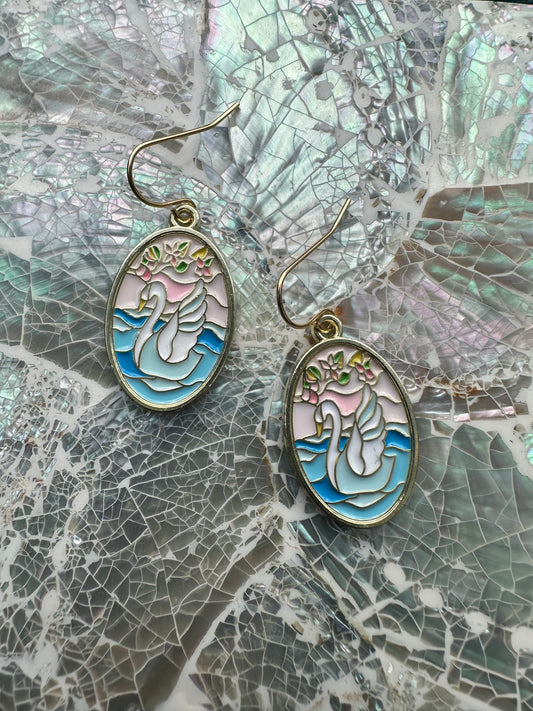 Pink And Blue Scenic Swan Oval Enamel Earrings
