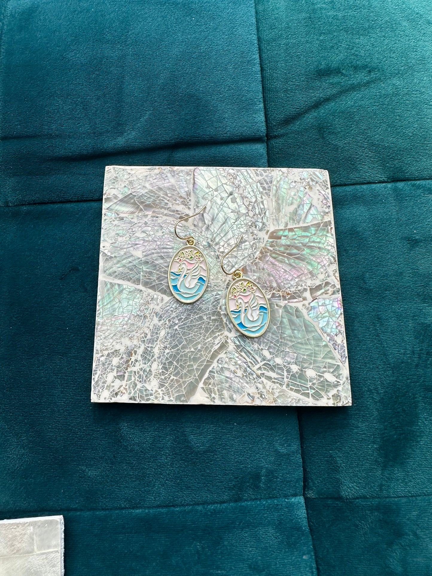 Pink And Blue Scenic Swan Oval Enamel Earrings