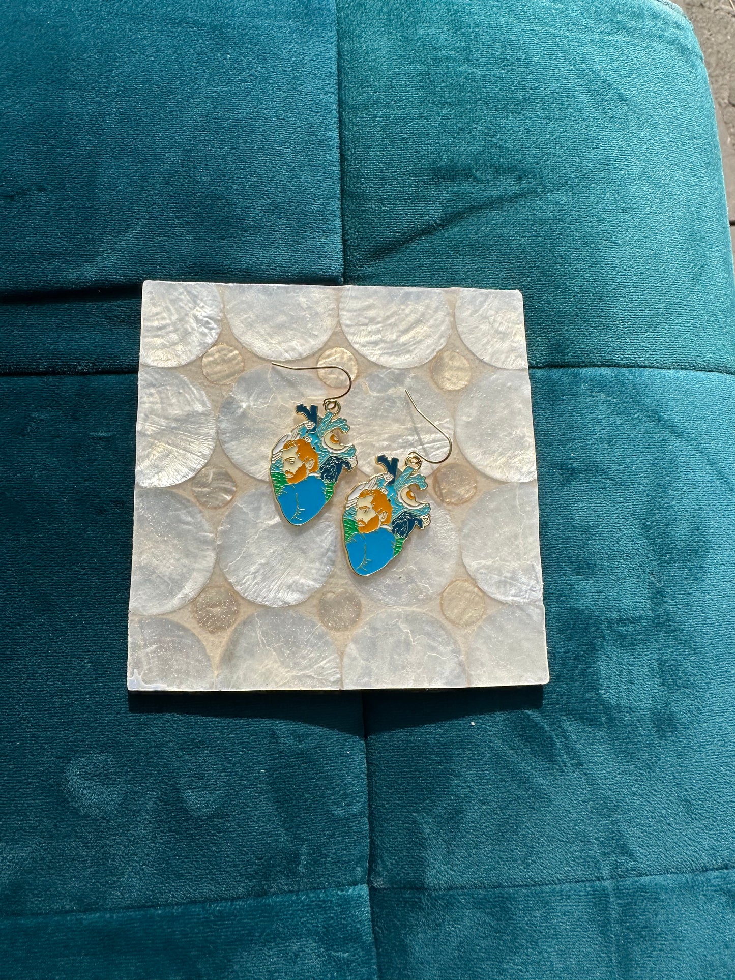 Van Gogh Inspired Blue Heart Enamel Earrings